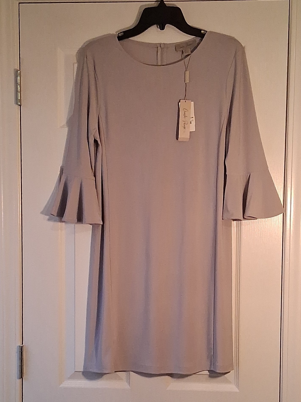 Charlie Paige Light Gray Short Dress with Fluted Sleeves